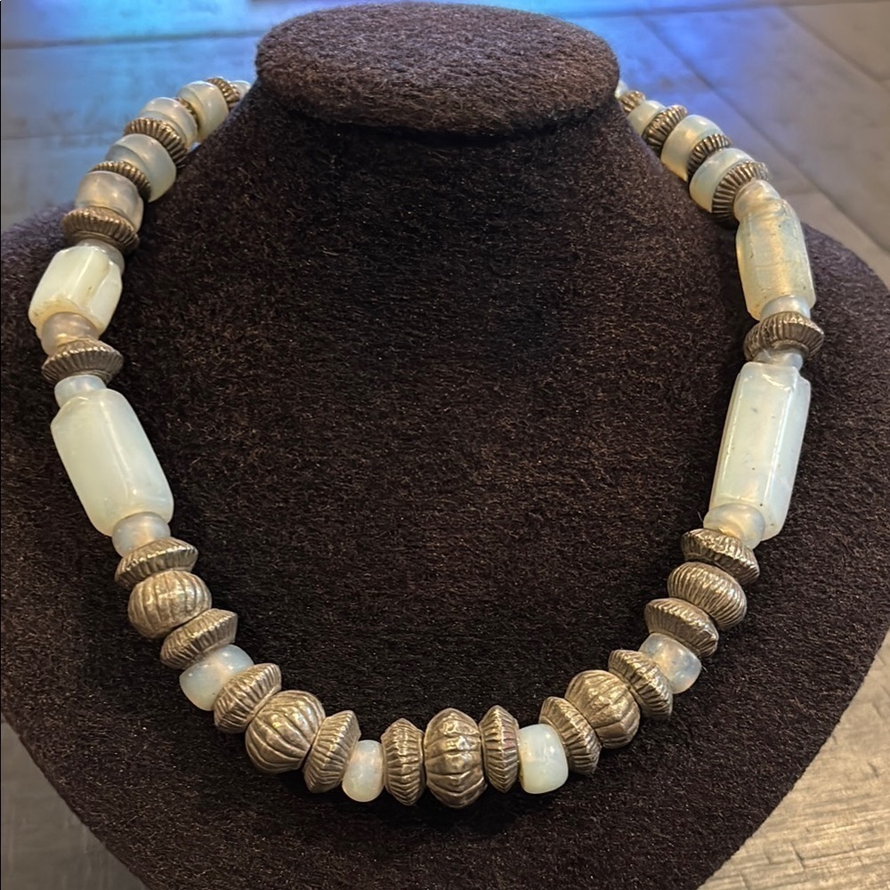 Vintage Glass Brutalist Handcrafted Old Silver Blue Beaded Necklace​